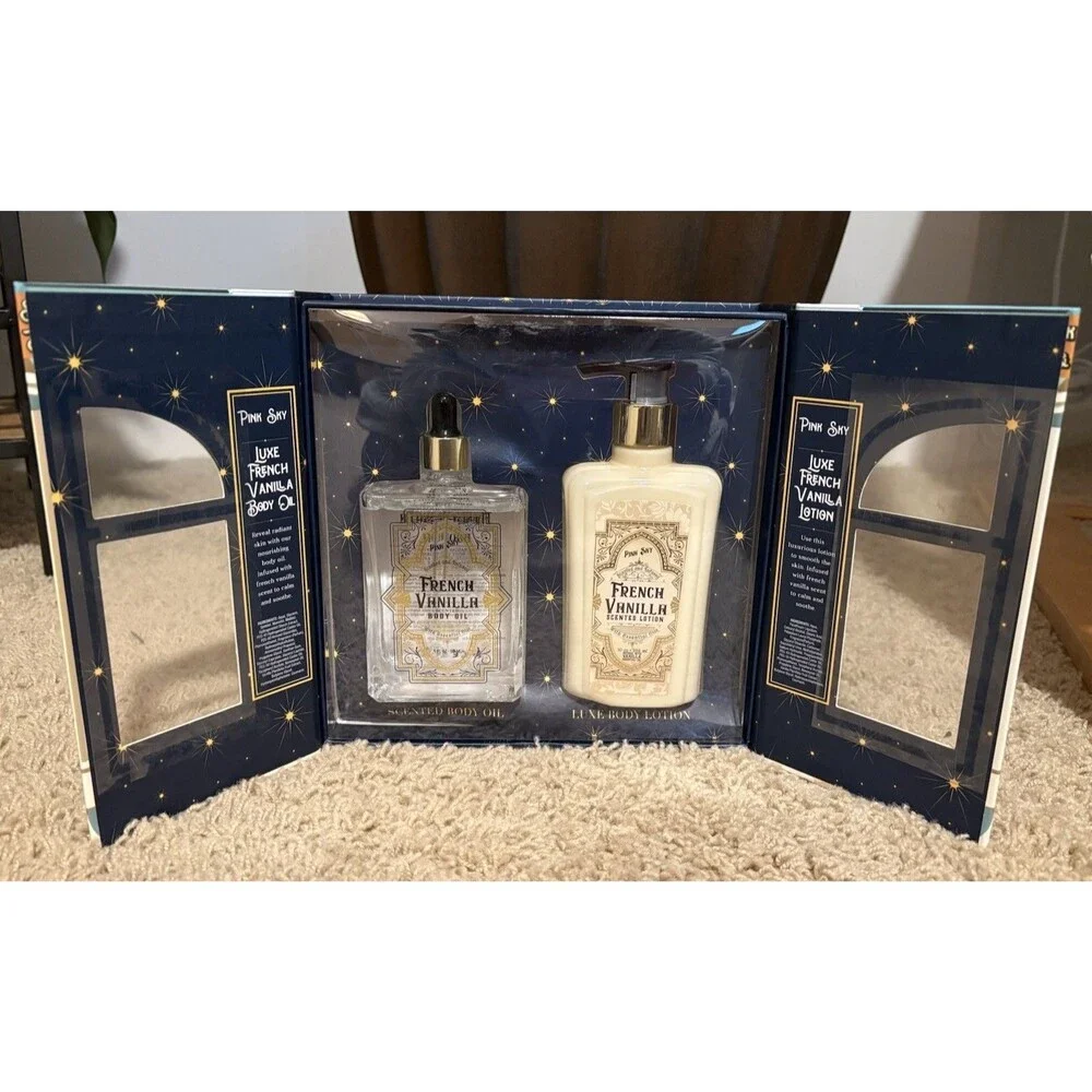 Pink Sky Luxe French Vanilla 4 oz Body Oil & 10 oz Body Lotion Gift Set New!